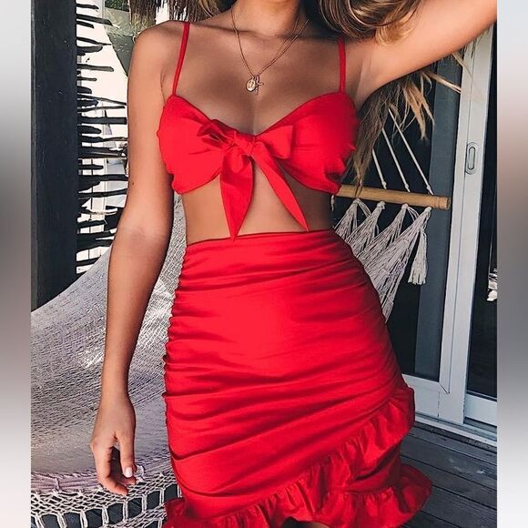 NWOT ANGL Red Ruffle Top and Skirt Set Large - Picture 1 of 7